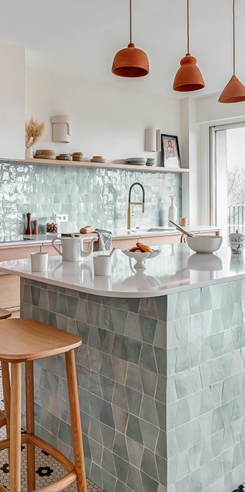 Light turquoise zellige tile on kitchen island and backsplash